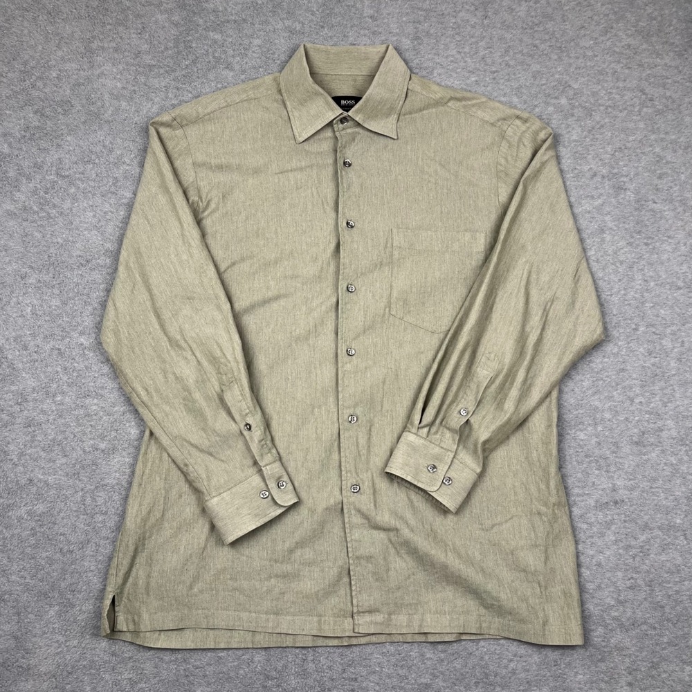 BOSS Hugo Boss Shirt Mens 16.5 Green Button Up Stretch Collared Long Sleeve